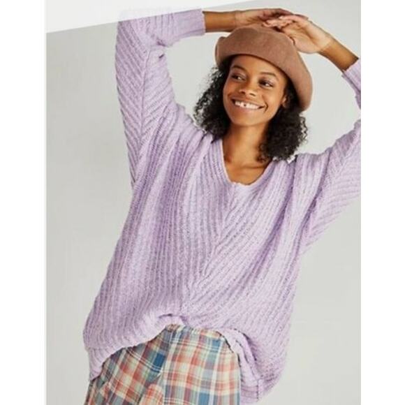 Free People Oversized Sweater Sunset V Neck Ribbed Pullover Lavender Purple Sz S - Picture 2 of 13
